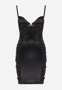 Born2be - Czarna Satynowa Sukienka Mini z Drapowaniem Fegiza. Okazja: na randkę, na imprezę. Kolor: czarny. Materiał: satyna. Długość rękawa: na ramiączkach. Typ sukienki: dopasowane. Długość: mini #3