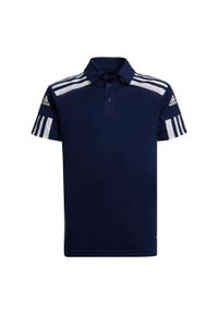 Koszulka polo piłkarska dla dzieci Adidas Squadra 21. Typ kołnierza: polo. Kolor: biały, wielokolorowy, niebieski