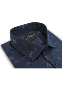 Modini - Granatowa koszula męska w niebiesko-czerwone listki/gałązki Y48. Kolor: wielokolorowy, czerwony, niebieski. Materiał: bawełna, poliester, tkanina. Długość: długie #1