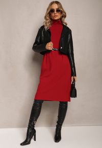 Renee - Bordowa Basic Sukienka Midi ze Sweterkowej Dzianiny z Szerokim Golfem Amille. Typ kołnierza: golf. Kolor: czerwony. Materiał: dzianina. Typ sukienki: proste. Długość: midi #2