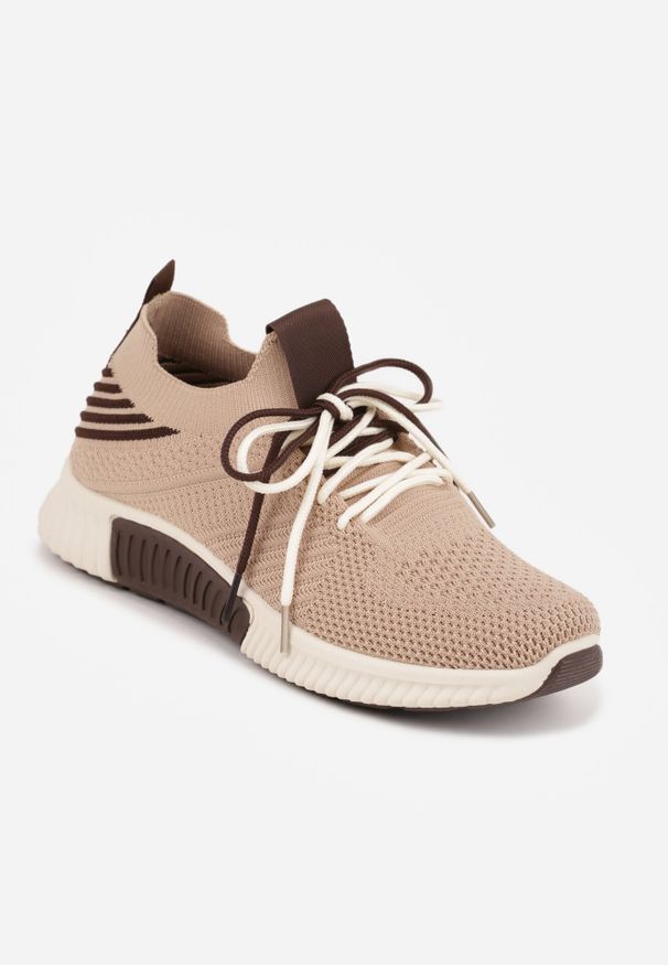 Born2be - Ciemnobeżowe Sneakersy z Podwójnym Sznurowaniem Fontarin. Nosek buta: okrągły. Kolor: beżowy. Materiał: materiał. Obcas: na obcasie. Wysokość obcasa: niski
