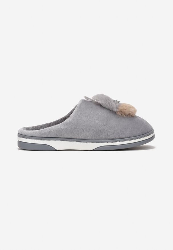 Born2be - Szare Kapcie Futrzane z Kotkiem Rirovi. Okazja: na co dzień, do domu. Kolor: szary. Materiał: futro. Wzór: aplikacja. Sezon: zima, jesień. Styl: casual