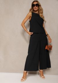 Renee - Czarny Komplet z Bawełny Spodnie Culottes i Luźny Top Tinelia. Kolor: czarny. Materiał: bawełna. Wzór: aplikacja