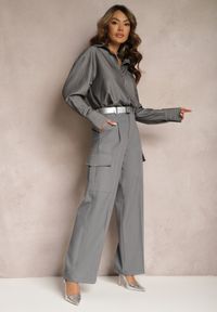 Renee - Ciemnoszare Szerokie Spodnie High Waist w Eleganckim Stylu z Kieszeniami Cargo Dekanna. Okazja: na spotkanie biznesowe, na co dzień. Stan: podwyższony. Kolor: szary. Długość: długie. Styl: elegancki