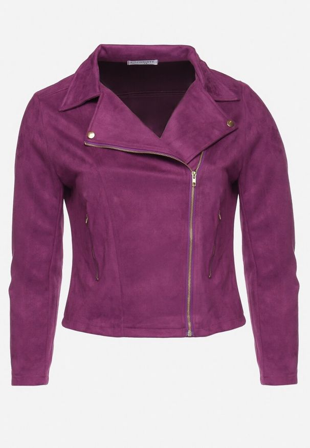 Born2be - Fioletowa Kurtka Ramoneska z Imitacji Zamszu z Asymetrycznym Suwakiem Maisen. Kolekcja: plus size. Kolor: fioletowy. Materiał: zamsz