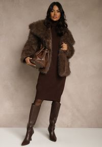 Renee - Brązowa Sweterkowa Sukienka z Bawełną i Golfem Reinaria. Okazja: na co dzień. Typ kołnierza: golf. Kolor: brązowy. Materiał: bawełna. Styl: casual #5