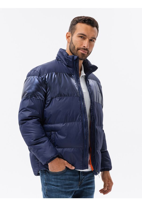 Ombre Clothing - Kurtka męska zimowa z kontrastową podszewką - ciemnoniebieska V1 - Rozmiar: L. Kolor: niebieski. Materiał: nylon, poliester, materiał. Sezon: zima