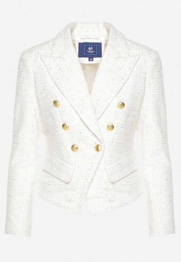 Born2be - Jasnobeżowa Marynarka o Taliowanym Kroju z Ozdobnymi Guzikami i Poduszkami w Ramionach Zinnesa. Okazja: na spotkanie biznesowe, do pracy, na imprezę. Kolor: beżowy. Materiał: jedwab. Styl: biznesowy, elegancki, klasyczny