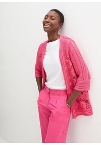 bonprix - Sweter bez zapięcia, z koronką. Kolor: różowy. Materiał: koronka. Wzór: koronka. Styl: elegancki