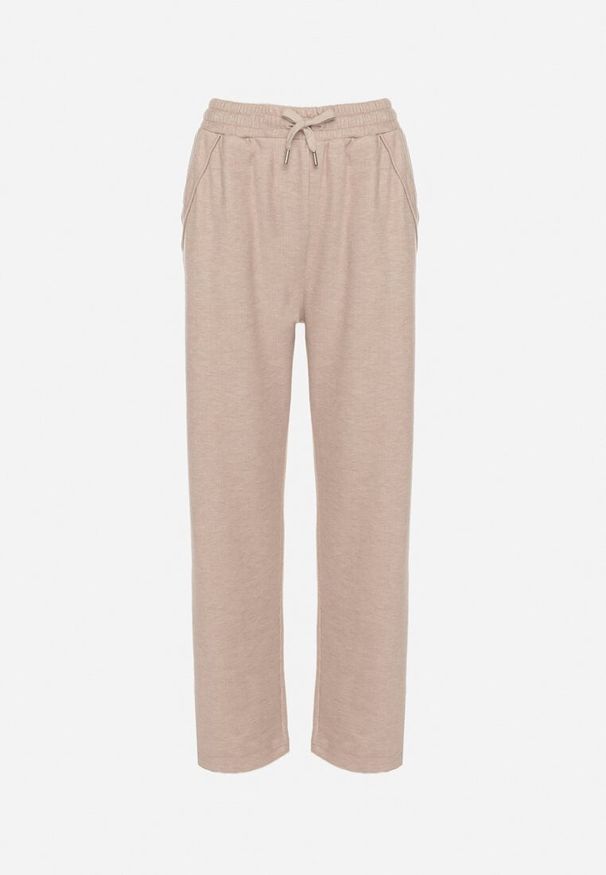 Born2be - Beżowe Spodnie z Wysokim Stanem Ozdobione Sznurkami Akleria. Okazja: na spacer. Stan: podwyższony. Kolor: beżowy. Materiał: jeans. Wzór: aplikacja