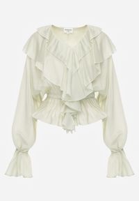 Renee - Zielona Bluzka w Typie Boho Ozdobiona Falbanami Sarlyss. Okazja: na co dzień. Typ kołnierza: dekolt w kształcie V. Kolor: zielony. Materiał: jeans. Długość rękawa: długi rękaw. Długość: długie. Wzór: aplikacja. Styl: boho #7