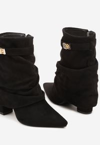 Born2be - Czarne Marszczone Botki na Obcasie z Wywiniętą Cholewką Latirelle. Okazja: na co dzień. Kolor: czarny. Materiał: jeans. Szerokość cholewki: normalna. Obcas: na obcasie. Styl: casual, elegancki. Wysokość obcasa: średni #4