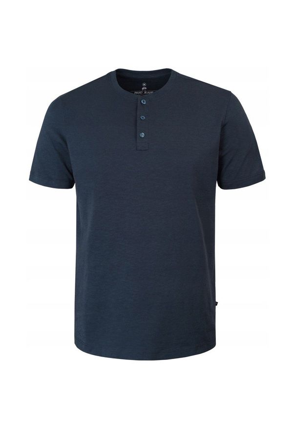 Granatowy Męski T-Shirt, Dekolt z Guzikami - Pako Jeans. Okazja: na co dzień. Kolor: niebieski. Materiał: bawełna. Styl: casual