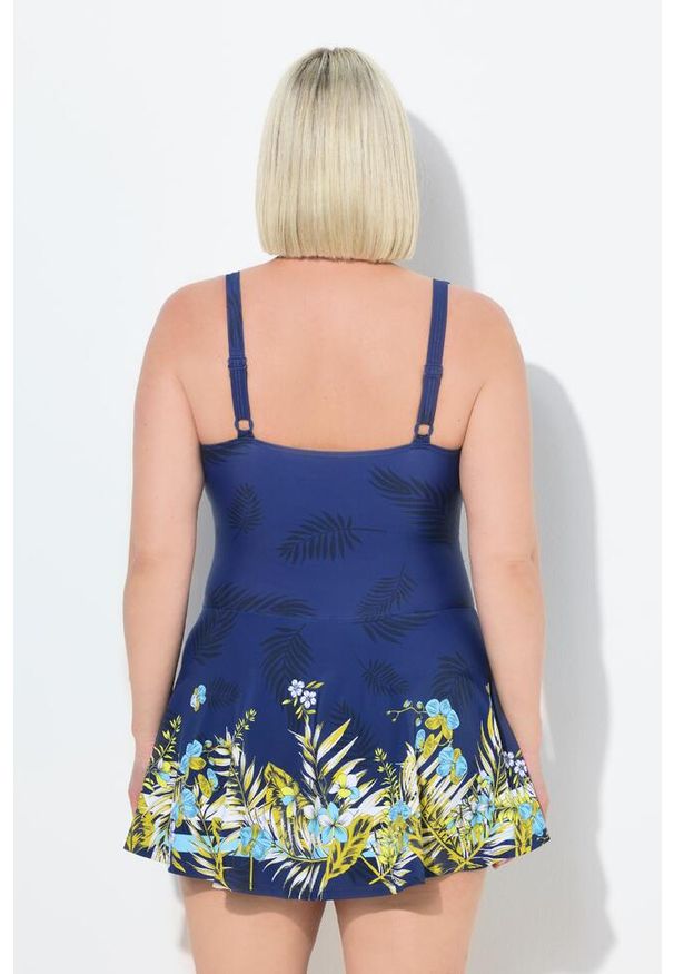 ULLA POPKEN - Damska Sukienka Kąpielowa szorty miękkie miseczki. Kolekcja: plus size. Kolor: niebieski. Materiał: poliester, elastan, poliamid, materiał