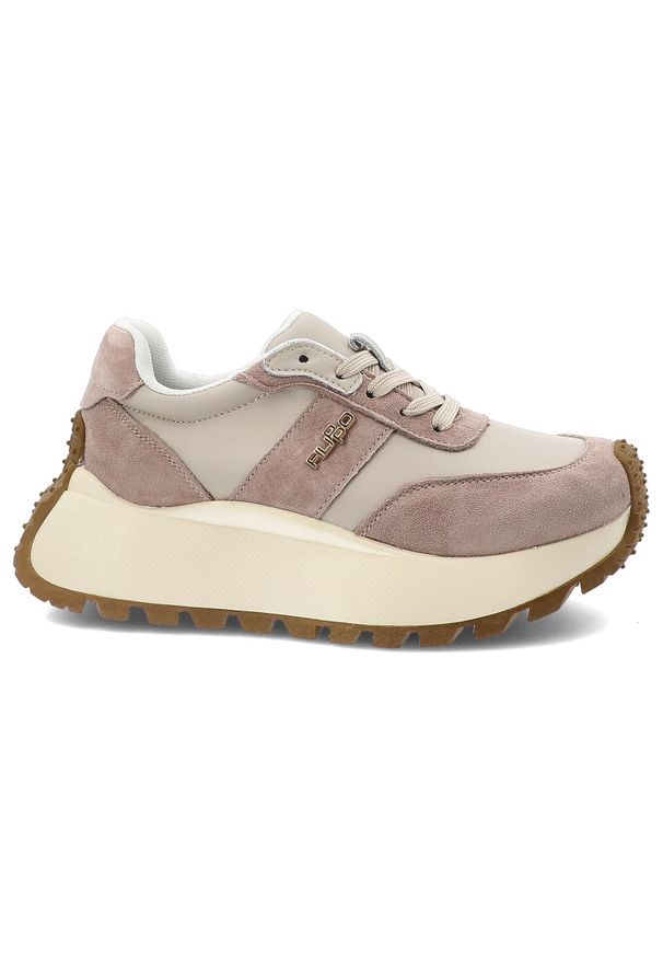 Sneakersy damskie Filippo, skórzane na grubej platformie z okrągłym noskiem i sznurowane, beżowe, DP6785-25-BE. Okazja: na co dzień, na spacer. Nosek buta: okrągły. Zapięcie: sznurówki. Kolor: beżowy. Materiał: skóra. Obcas: na platformie. Styl: klasyczny, casual, wizytowy