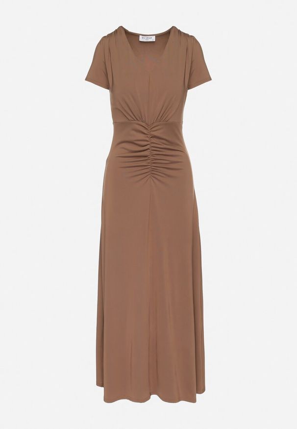Born2be - Brązowa Sukienka z Marszczeniami Taliowana z Dodatkiem Wiskozy Arelona. Okazja: na co dzień. Typ kołnierza: dekolt w kształcie V. Kolor: brązowy. Materiał: wiskoza. Długość rękawa: krótki rękaw. Typ sukienki: proste. Styl: casual