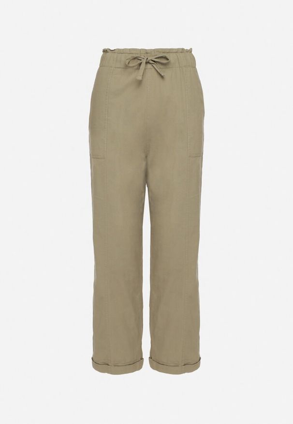 Born2be - Ciemnozielone Bawełniane Spodnie z Wysokim Stanem i Ozdobnym Wiązaniem Vilwia. Okazja: na co dzień. Stan: podwyższony. Kolor: zielony. Materiał: bawełna. Styl: casual, elegancki, klasyczny