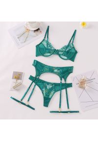 Intica - Komplet koronkowej bielizny z pasem na specjalne okazje Delia. Kolor: zielony. Materiał: koronka. Wzór: koronka #1