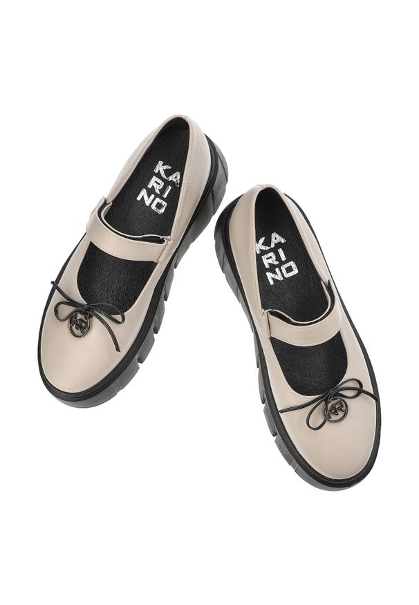 Beżowe Półbuty Karino Eleganckie Obuwie Damskie. Kolor: beżowy. Materiał: skóra. Wzór: aplikacja. Obcas: na platformie. Styl: elegancki