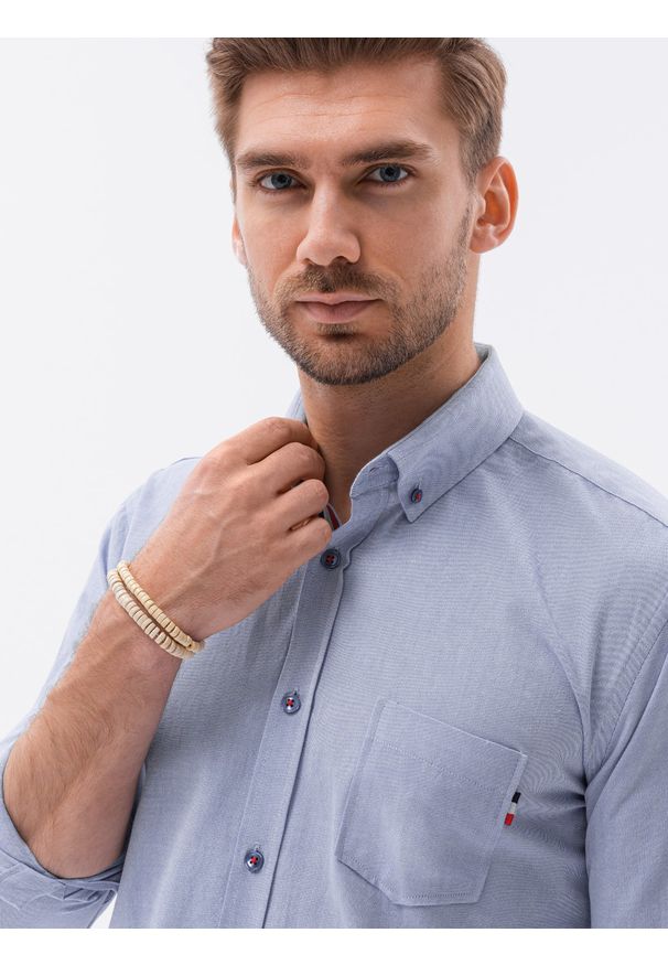 Ombre Clothing - Koszula męska z długim rękawem SLIM FIT - niebieska K643 - XXL. Okazja: do pracy, na co dzień, na spotkanie biznesowe. Kolor: niebieski. Materiał: materiał, bawełna. Długość rękawa: długi rękaw. Długość: długie. Styl: biznesowy, casual