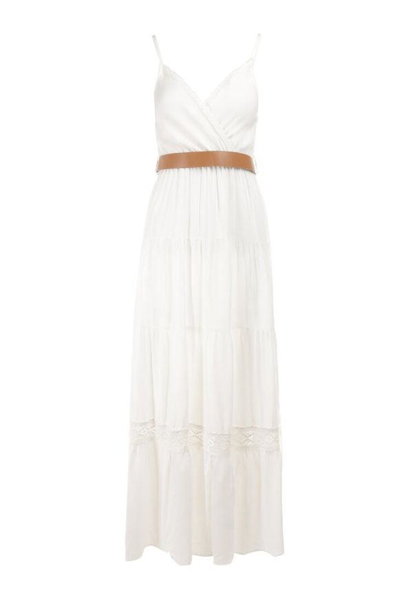 Born2be - Biała Sukienka z Paskiem Maerea. Typ kołnierza: dekolt kopertowy. Kolor: biały. Wzór: gładki. Typ sukienki: rozkloszowane, kopertowe. Materiał: koronka. Długość rękawa: na ramiączkach. Sezon: lato. Styl: boho. Długość: maxi