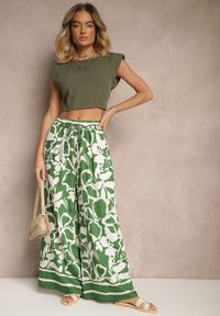 Renee - Zielone Spodnie o Szerokim Kroju High Waist w Kwiaty Nelrive. Okazja: na co dzień, na spacer. Stan: podwyższony. Kolor: zielony. Wzór: kwiaty. Styl: klasyczny, elegancki, casual #5