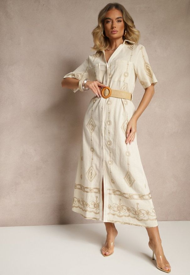 Renee - Beżowa Koszulowa Sukienka z Bawełny z Plecionym Paskiem Sariene. Okazja: na co dzień. Kolor: beżowy. Materiał: bawełna. Typ sukienki: koszulowe. Styl: boho, elegancki, casual