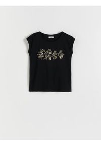 Reserved - T-shirt kimono z nadrukiem - czarny. Kolor: czarny. Materiał: bawełna. Wzór: nadruk #1