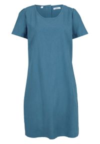Sukienka lniana z plisą guzikową z tyłu, krótki rękaw bonprix niebieski dżins. Kolor: niebieski. Materiał: len. Długość rękawa: krótki rękaw #1