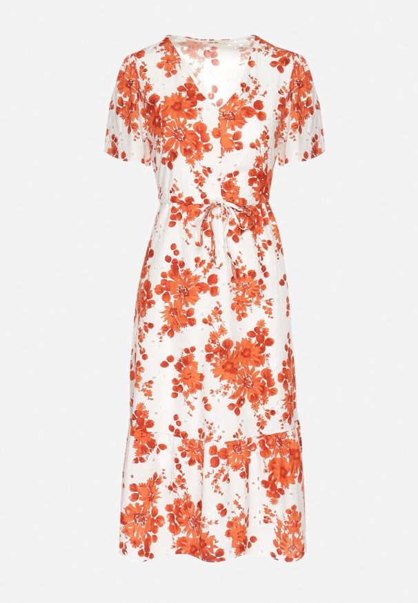 Born2be - Pomarańczowa Sukienka z Bawełny Ażurowa w Kwiaty z Rozkloszowanym Dołem Florbia. Okazja: na co dzień. Kolor: pomarańczowy. Materiał: bawełna. Długość rękawa: krótki rękaw. Wzór: kwiaty, ażurowy. Sezon: wiosna. Typ sukienki: rozkloszowane. Styl: klasyczny, casual