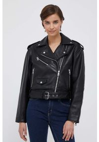 Calvin Klein Jeans ramoneska skórzana damska kolor czarny przejściowa oversize. Kolor: czarny. Materiał: skóra #1