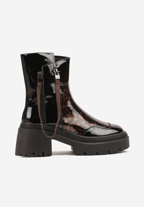 Born2be - Brązowe Lakierowane Botki Vices z Ozdobną Tasiemką Rivavie. Okazja: na co dzień. Kolor: brązowy. Materiał: lakier. Styl: casual, elegancki