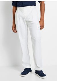 bonprix - Spodnie bojówki Regular Fit Straight z materiału z domieszką lnu. Kolor: biały. Materiał: materiał, len