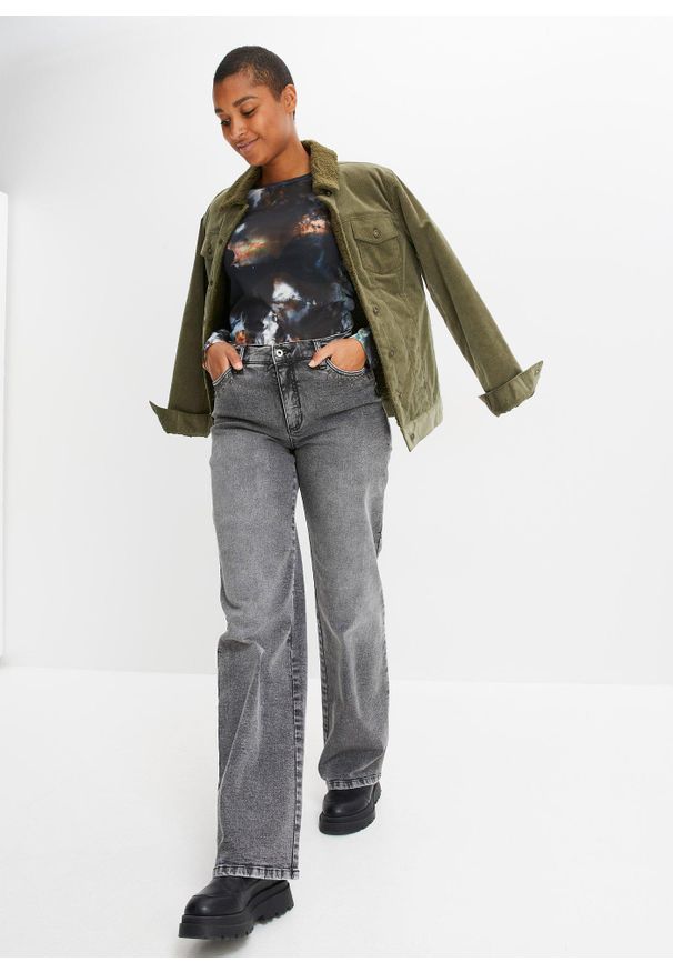 bonprix - Dżinsy Marlena z ćwiekami, high waist. Stan: podwyższony. Kolor: szary