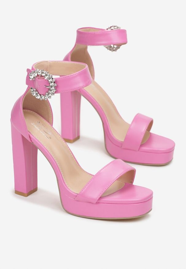 Renee - Fuksjowe Sandały z Ozdobnym Paskiem Wokół Kostki na Wysokim Słupku i Platformie Adevana. Zapięcie: pasek. Kolor: różowy. Materiał: zamsz. Obcas: na platformie