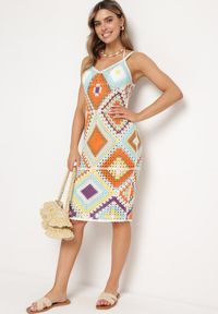 Born2be - Żółta Wzorzysta Sukienka Midi z Szydełkowej Bawełny na Cienkich Ramiączkach Juliesa. Kolor: żółty. Materiał: bawełna. Długość rękawa: na ramiączkach. Wzór: geometria. Sezon: wiosna, lato. Długość: midi #7