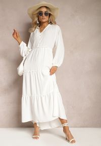 Renee - Biała Rozkloszowana Sukienka Maxi z Falbankami i Kołnierzykiem Rehtima. Typ kołnierza: kołnierz z falbankami. Kolor: biały. Długość: maxi