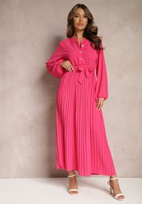 Renee - Różowa Rozkloszowana Sukienka Maxi Plisowana Wiązana w Pasie Terilla. Kolor: różowy. Materiał: materiał. Typ sukienki: koszulowe. Długość: maxi #5
