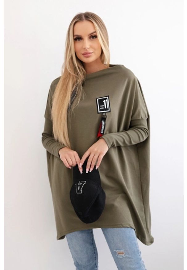 Inny - Bluza oversize z asymetrycznymi bokami khaki. Kolor: brązowy. Materiał: materiał, prążkowany, bawełna, elastan. Długość: długie