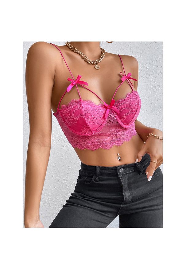 Intica - Biustonosz koronkowy bez fiszbin z kokardkami Hayriye. Kolor: różowy. Materiał: koronka. Wzór: koronka