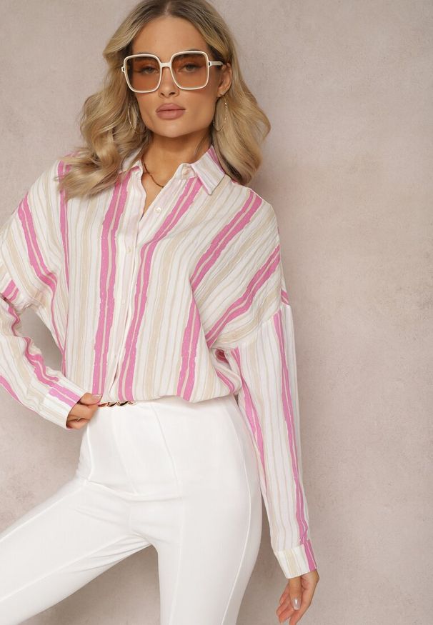 Renee - Beżowo-Fuksjowa Casualowa Koszula z Bawełny w Paski Sileata. Okazja: na co dzień. Kolor: różowy. Materiał: bawełna. Wzór: paski. Styl: casual