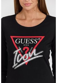 Guess - GUESS Czarny damski longsleeve Icon Tee z dużym logo. Kolor: czarny. Materiał: bawełna. Długość rękawa: długi rękaw. Wzór: aplikacja. Styl: klasyczny