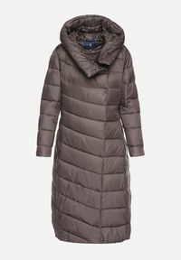 Born2be - Szara Długa Pikowana Kurtka Płaszcz z Kapturem i Ozdobnymi Suwakami Vlemika. Typ kołnierza: kaptur. Kolor: szary. Długość: długie #3