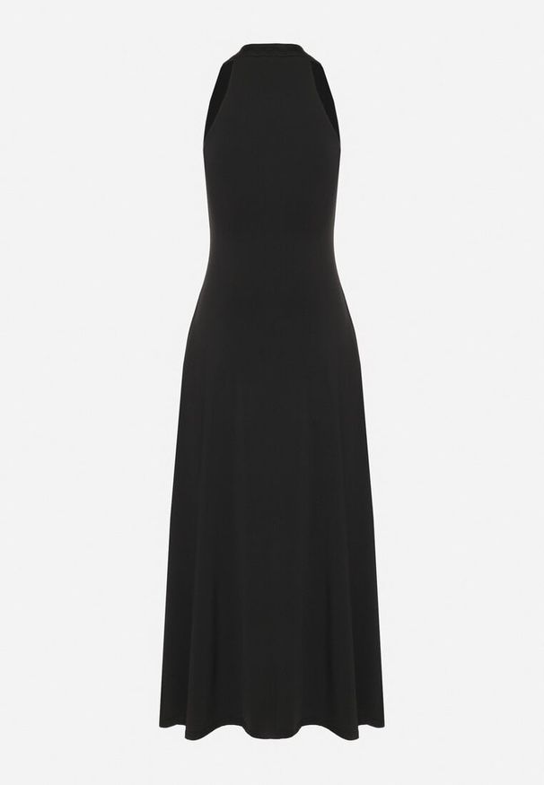 Born2be - Czarna Rozkloszowana Sukienka Bez Rękawów z Wiskozą Zdobiona Marszczeniem Folenissa. Okazja: na imprezę. Typ kołnierza: dekolt w kształcie V, kokarda. Kolor: czarny. Materiał: wiskoza. Długość rękawa: bez rękawów. Wzór: aplikacja. Typ sukienki: rozkloszowane