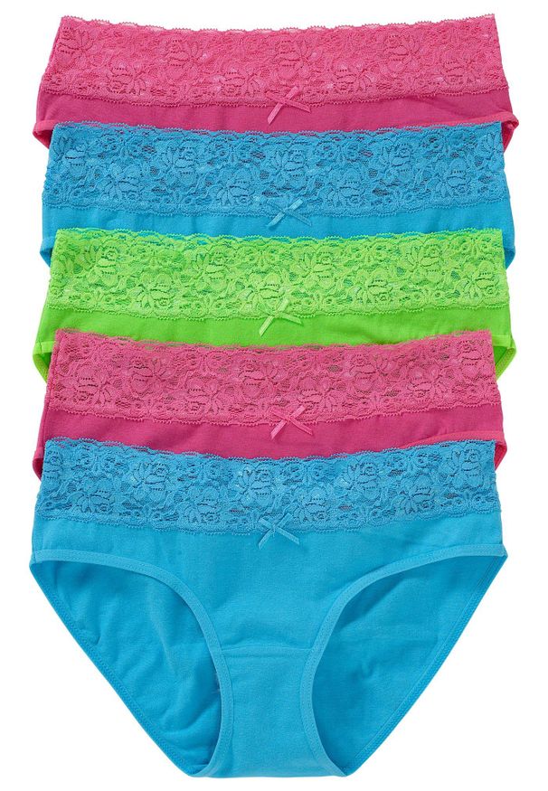 bonprix - Figi z koronką (5 par). Kolor: niebieski. Materiał: koronka. Wzór: koronka