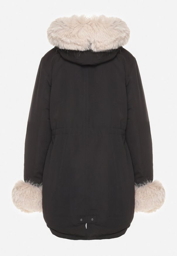 Born2be - Czarno-Beżowa Kurtka Parka z Kapturem i Wstawkami z Futerka Caranze. Okazja: na co dzień. Typ kołnierza: kaptur. Kolor: czarny. Materiał: futro. Sezon: zima, jesień. Styl: casual
