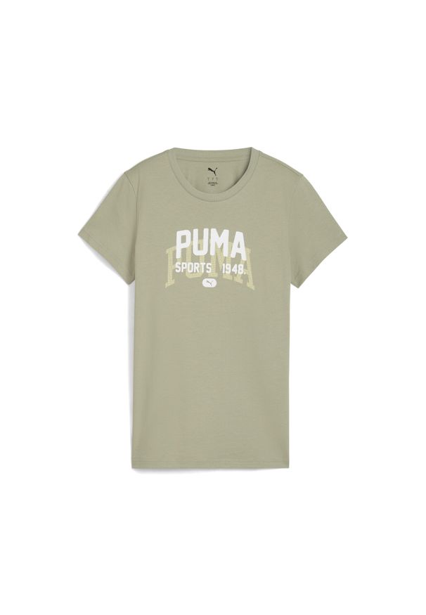 Puma - Damska koszulka z grafiką w uniwersyteckim stylu PUMA. Kolor: zielony. Sport: bieganie