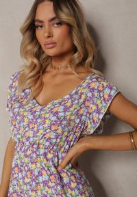 Renee - Fioletowo-Zielona Sukienka z Bawełny z Gumką w Talii i Dekoltem w Serek Delletta. Typ kołnierza: dekolt w serek. Kolor: fioletowy. Materiał: bawełna. Sezon: lato #5
