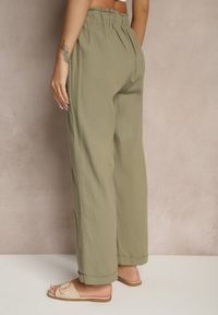 Renee - Ciemnozielone Spodnie z Bawełny High Waist z Wiązaniem Tyswia. Okazja: na co dzień. Stan: podwyższony. Kolor: zielony. Materiał: bawełna. Styl: casual, elegancki #4