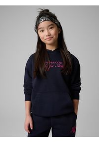 4f - 4F Bluza dresowa loose z kapturem dziewczęca - granatowa 134/140 (8-10 lat). Okazja: na co dzień, na uczelnię. Typ kołnierza: kaptur. Kolor: niebieski. Materiał: dresówka. Sezon: lato. Styl: casual #2